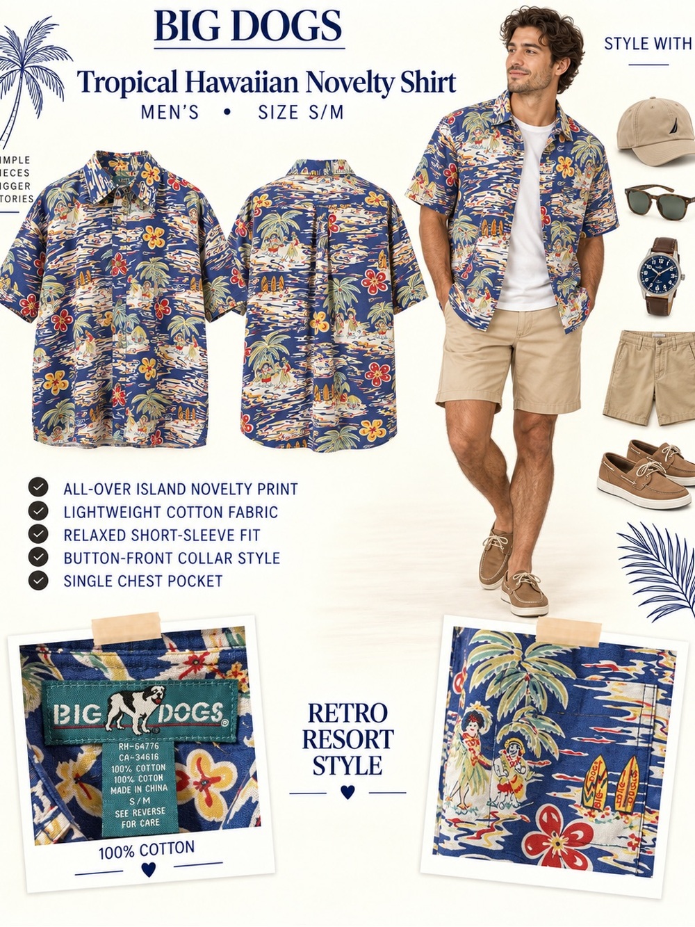 BIG DOG Men's Hawaiian Print Short-Sleeve Shirt - Blue Floral